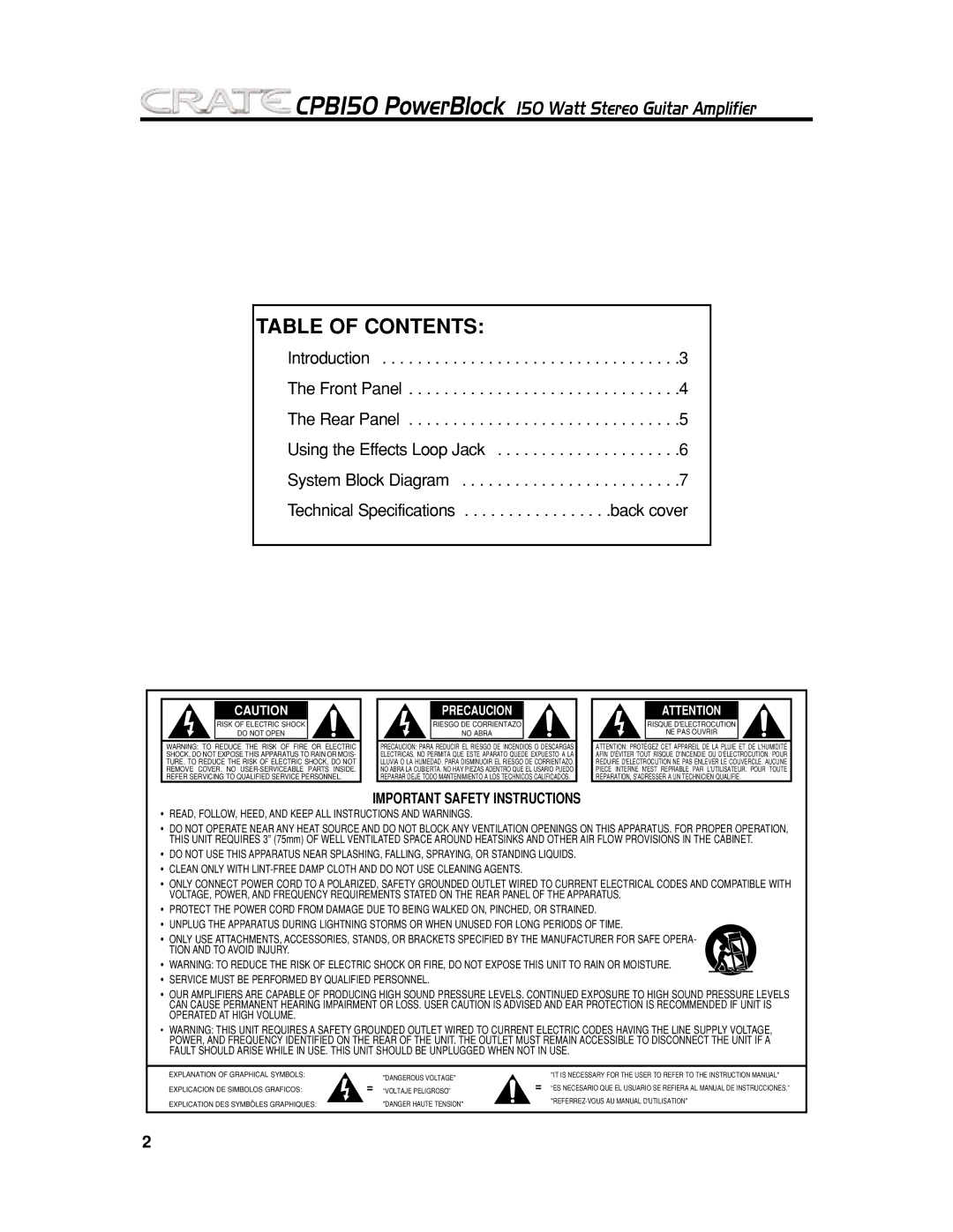 Crate Amplifiers CPB150 manual Table of Contents 