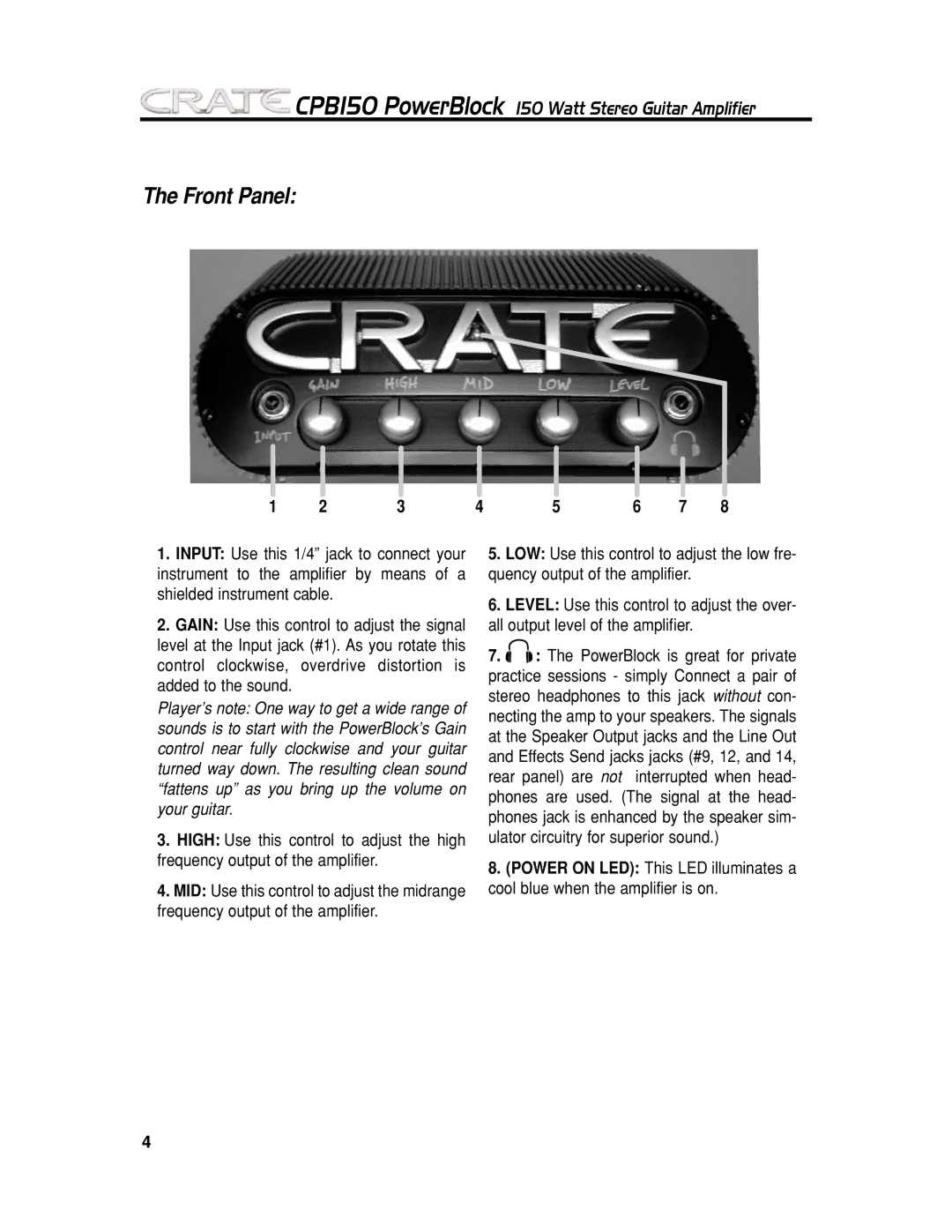 Crate Amplifiers CPB150 manual Front Panel 