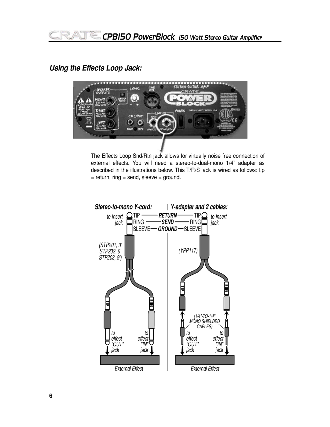 Crate Amplifiers CPB150 manual Using the Effects Loop Jack, Adapter and 2 cables 