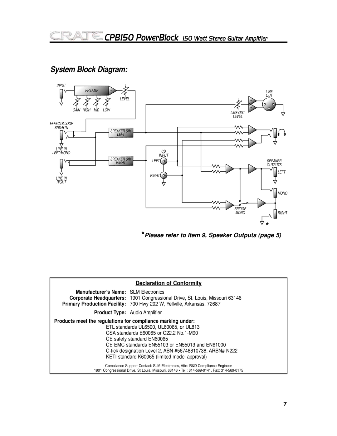 Crate Amplifiers CPB150 manual System Block Diagram, Please refer to Item 9, Speaker Outputs 