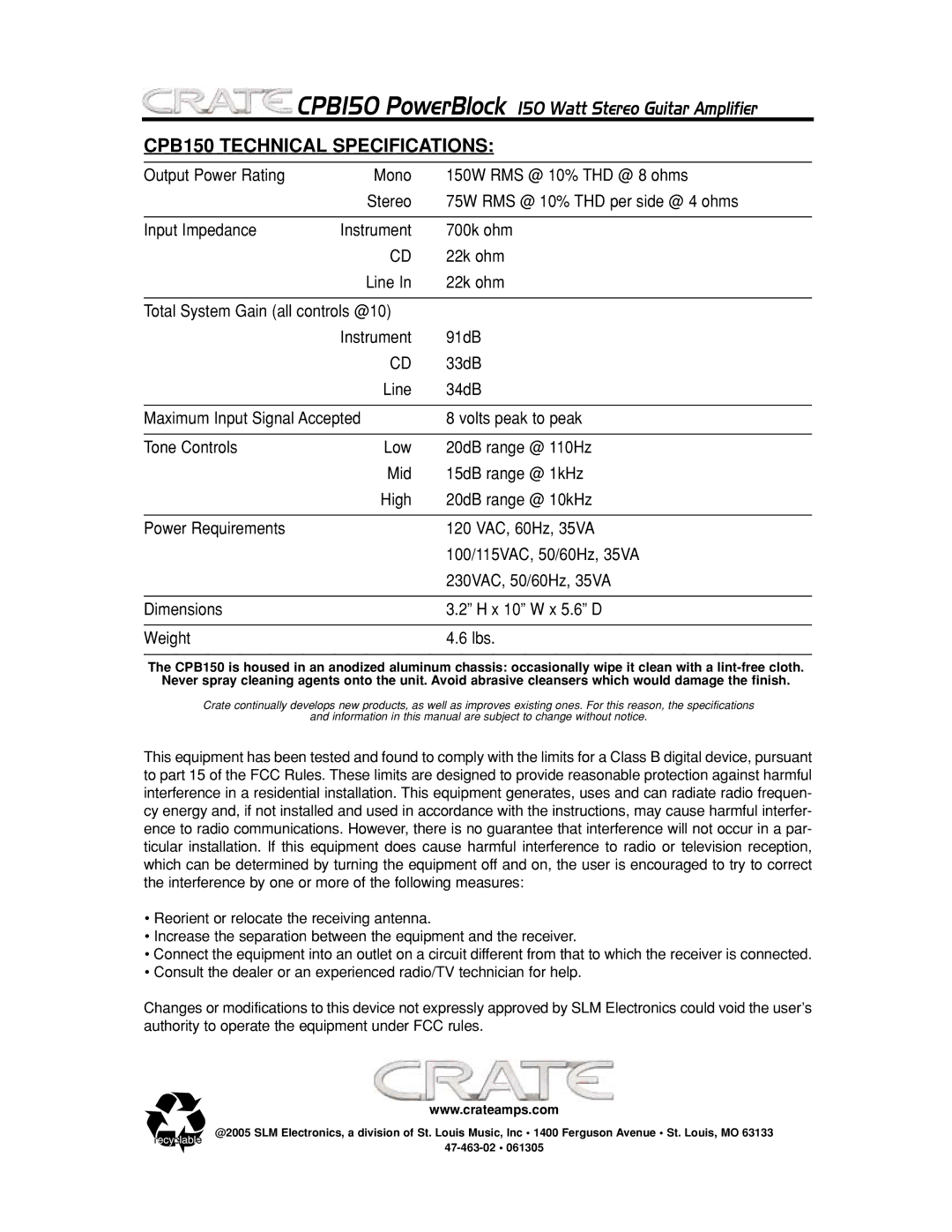 Crate Amplifiers manual CPB150 Technical Specifications 