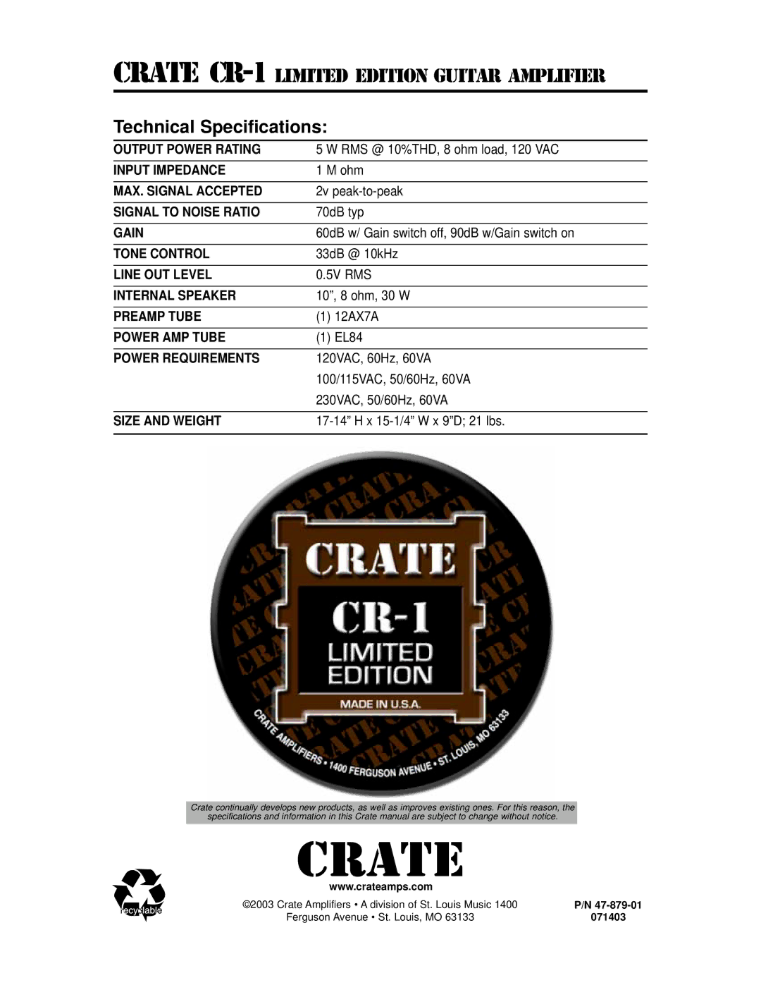 Crate Amplifiers CR-1 manual Technical Specifications 