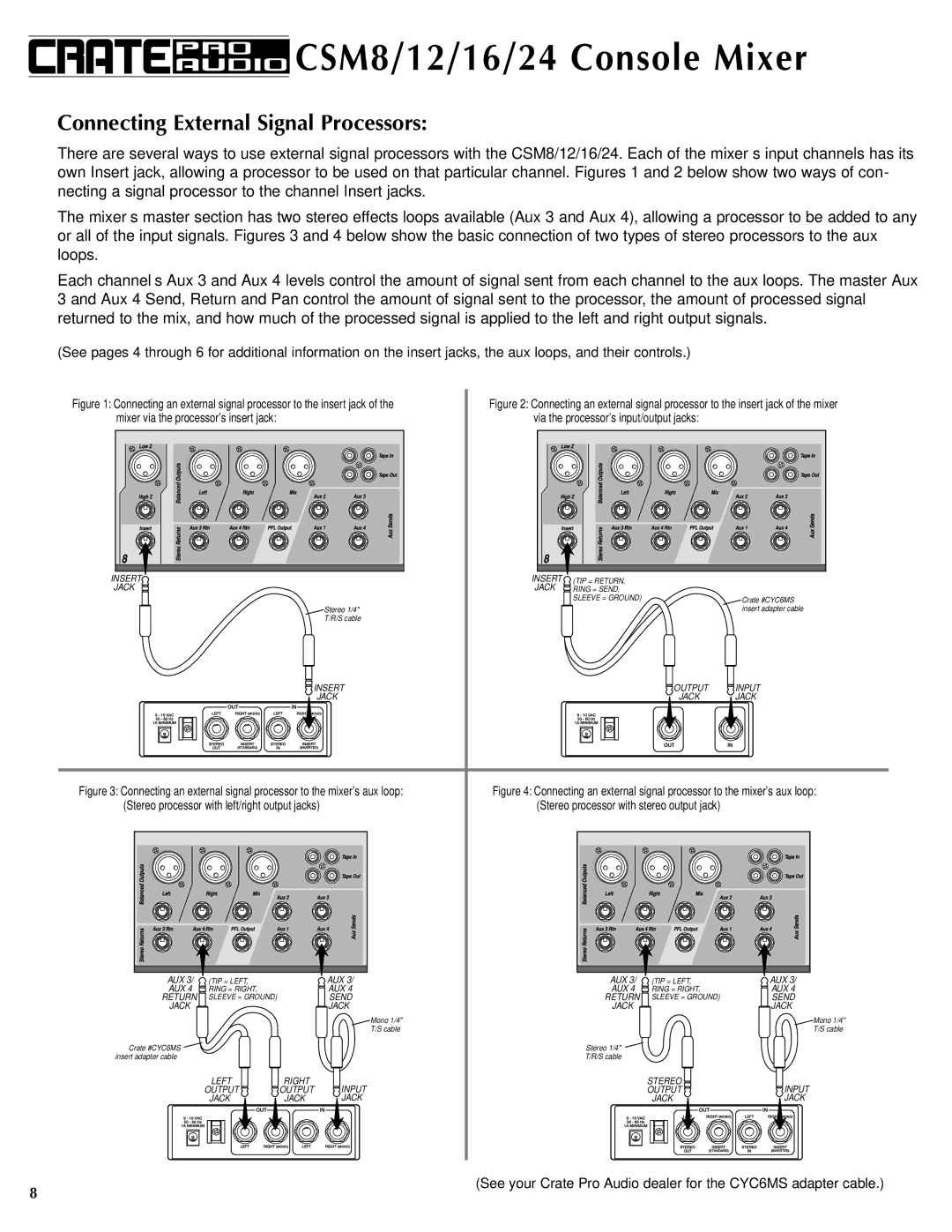 Crate Amplifiers CSM16 Connecting External Signal Processors, Connecting an external signal processor to the insert jack 