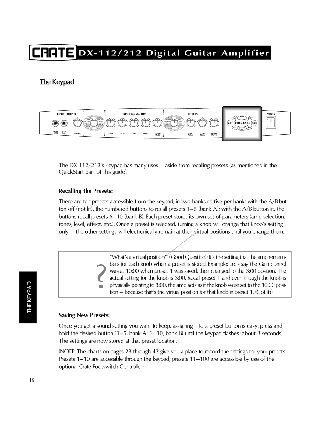 Crate Amplifiers DX-112, DX-212 manual Keypad, Recalling the Presets, Saving New Presets 