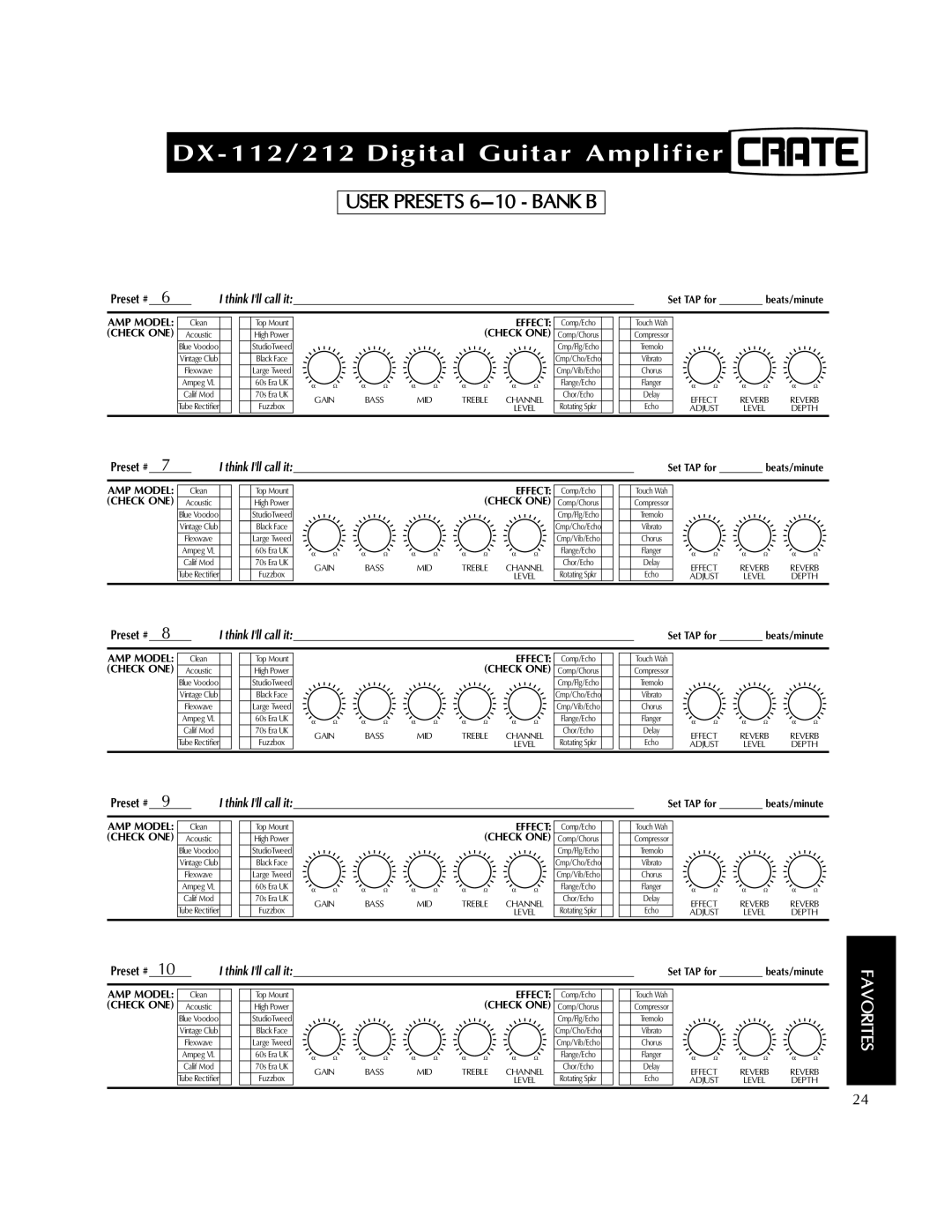 Crate Amplifiers DX-212, DX-112 manual User Presets 6-10 Bank B 