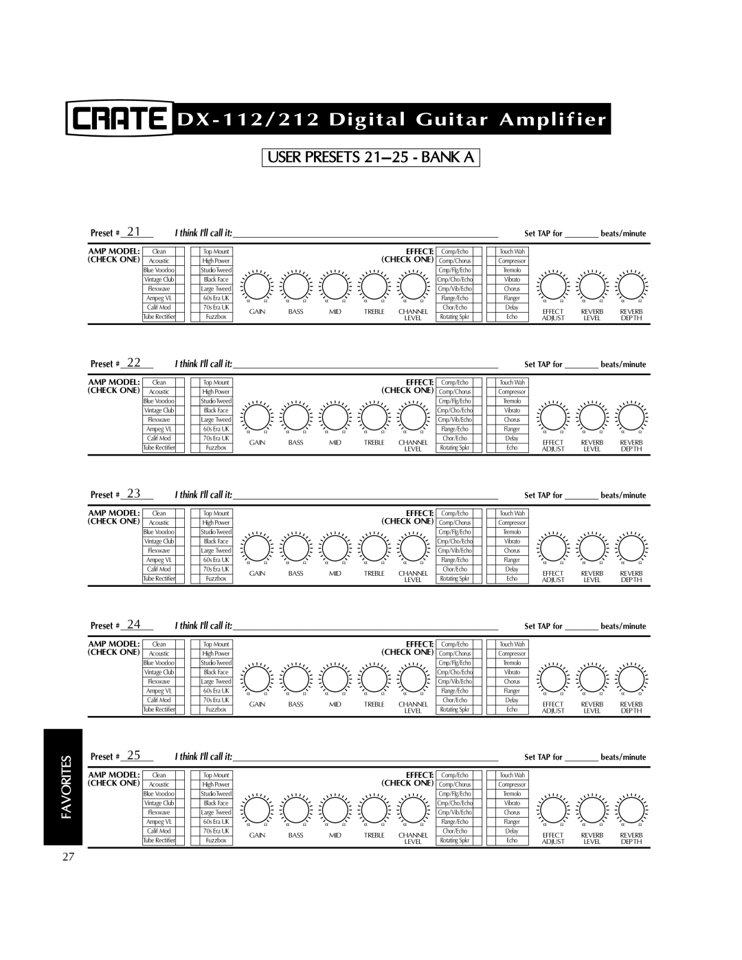 Crate Amplifiers DX-112, DX-212 manual User Presets 21-25 Bank a 