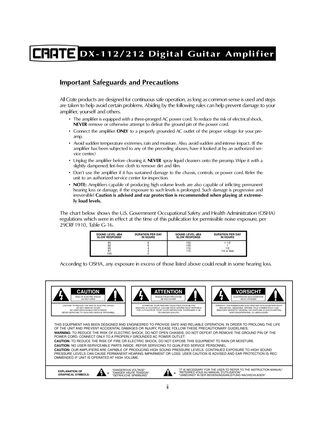 Crate Amplifiers DX-112, DX-212 manual Important Safeguards and Precautions 