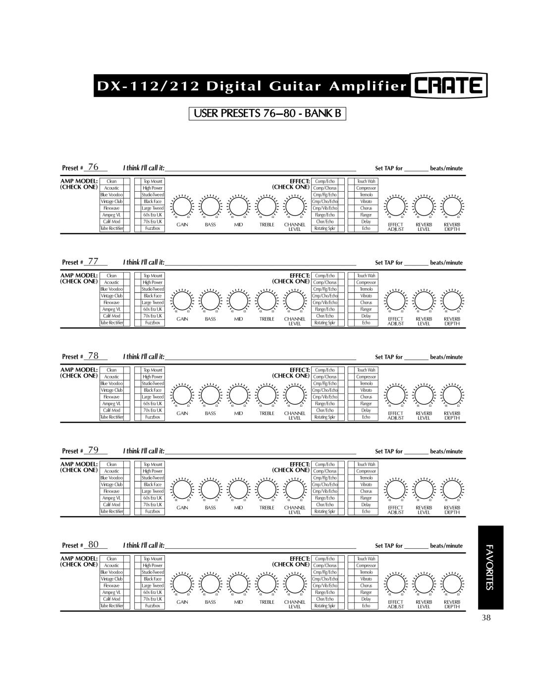 Crate Amplifiers DX-212, DX-112 manual User Presets 76-80 Bank B 