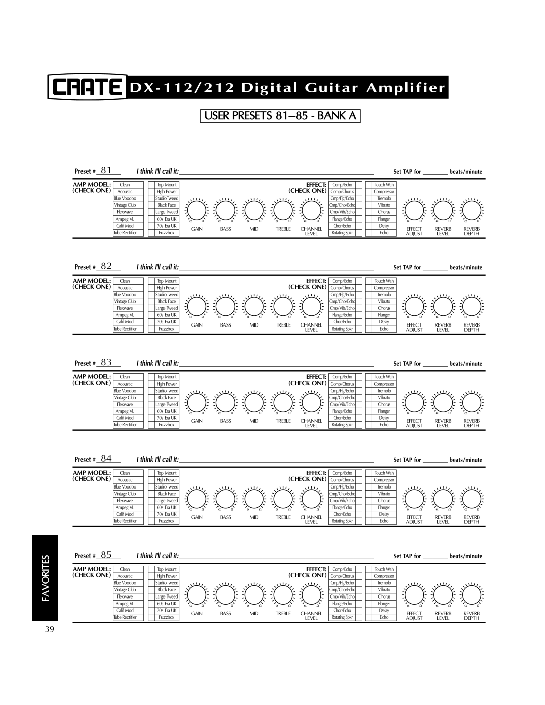 Crate Amplifiers DX-112, DX-212 manual User Presets 81-85 Bank a 