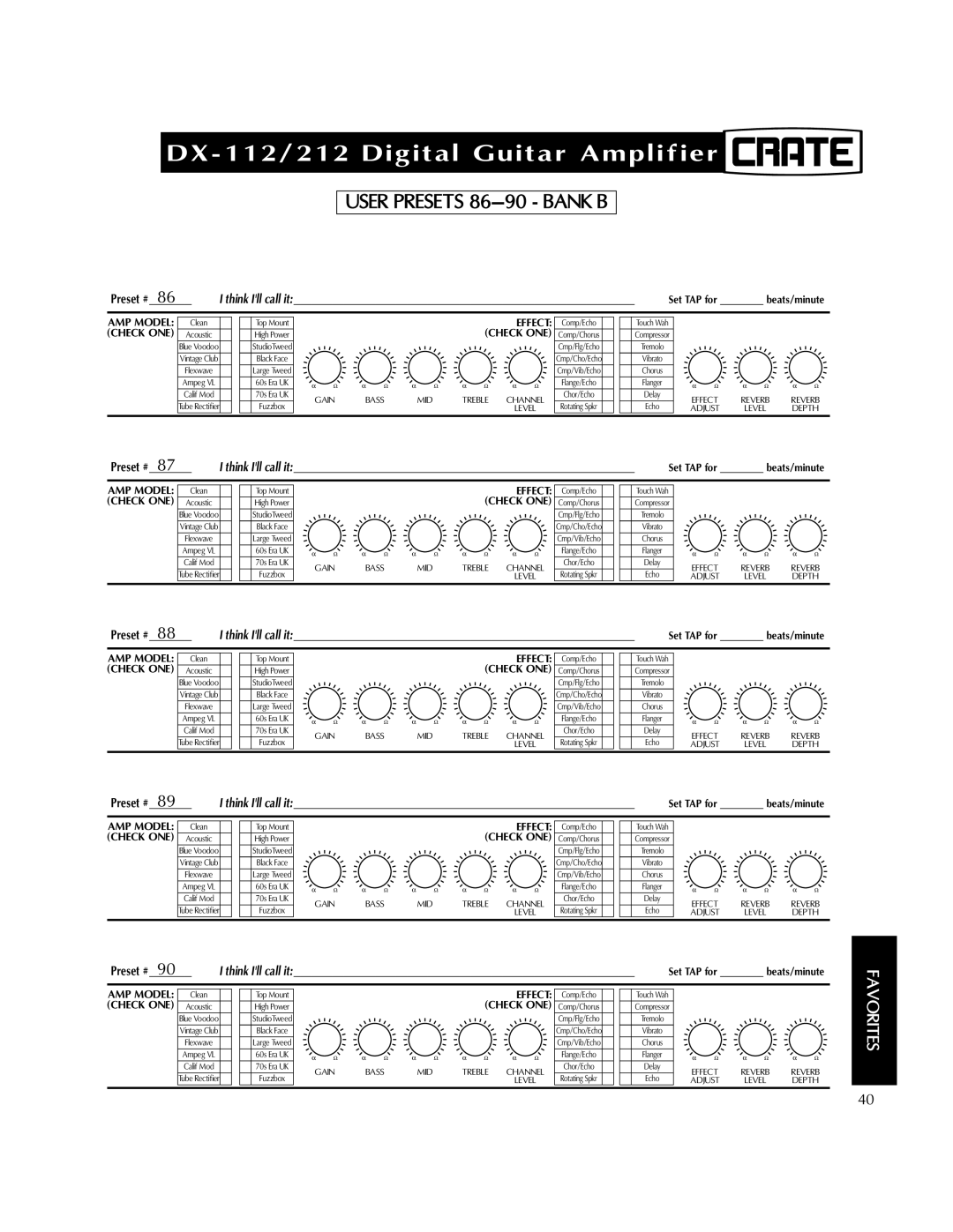 Crate Amplifiers DX-212, DX-112 manual User Presets 86-90 Bank B 