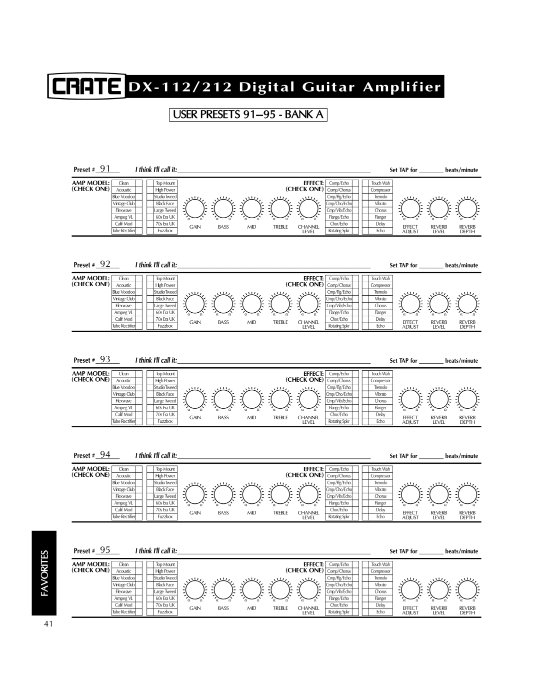 Crate Amplifiers DX-112, DX-212 manual User Presets 91-95 Bank a 