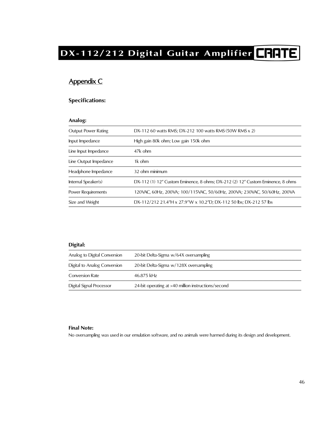 Crate Amplifiers DX-212, DX-112 manual Appendix C, Specifications 