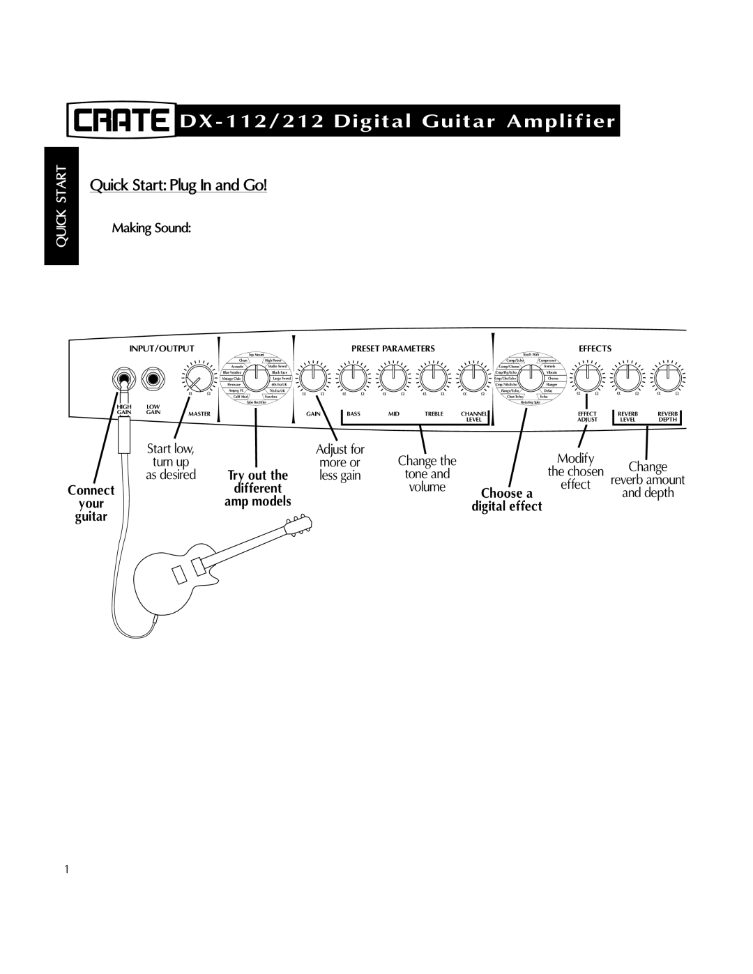 Crate Amplifiers DX-112, DX-212 manual Quick Start Plug In and Go, Connect Different, Your 