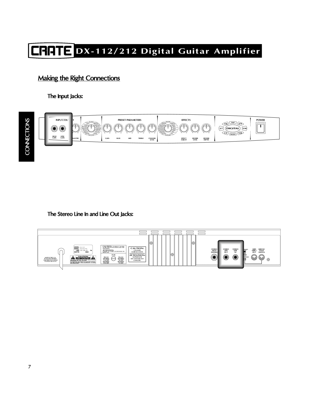 Crate Amplifiers manual Making the Right Connections, DX-112/212Digital Guitar Amplifier, The Input Jacks, Input/Output 