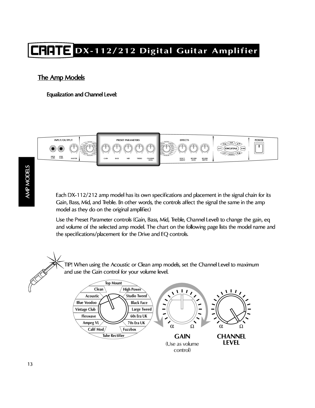 Crate Amplifiers DX-212 manual Gain, Channel, control, DX-112/212Digital Guitar Amplifier, The Amp Models, Level 