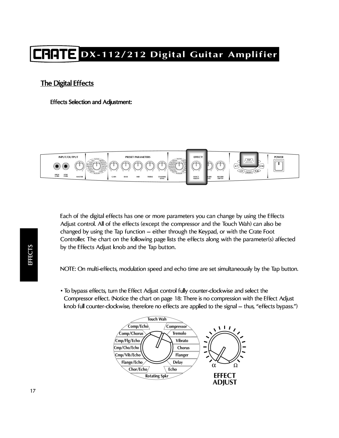 Crate Amplifiers DX-212 manual Adjust, DX-112/212Digital Guitar Amplifier, The Digital Effects 