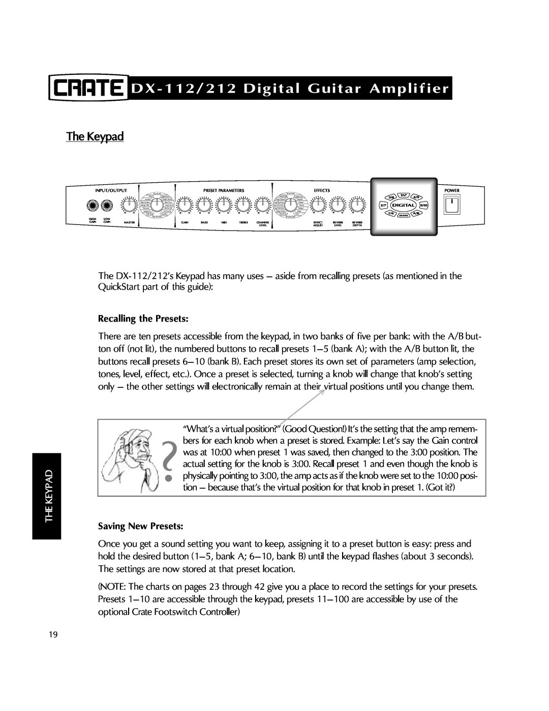 Crate Amplifiers DX-212 manual The Keypad, Recalling the Presets, Saving New Presets, DX-112/212Digital Guitar Amplifier 
