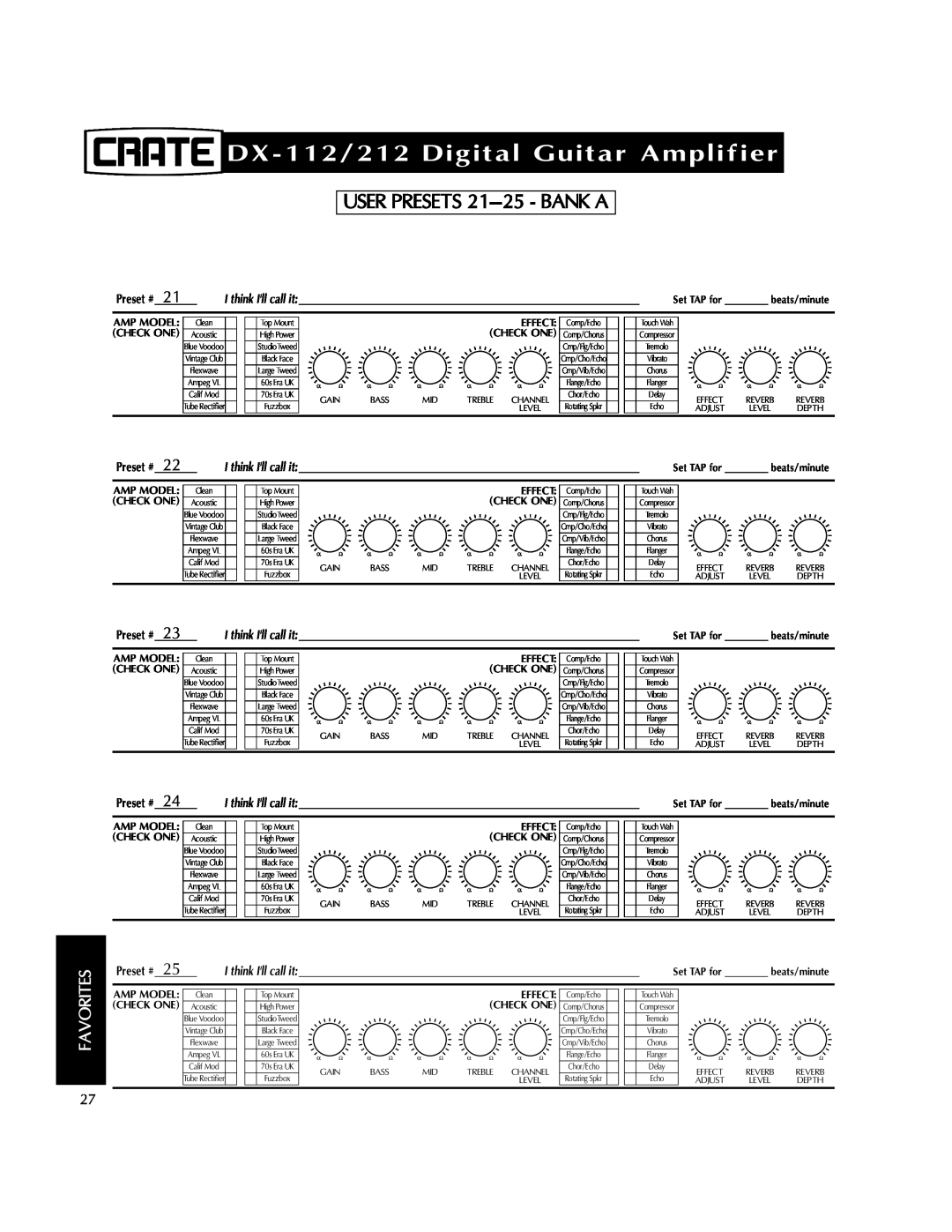 Crate Amplifiers DX-212 manual USER PRESETS 21-25- BANK A, DX-112/212Digital Guitar Amplifier, Favorites, Preset # 