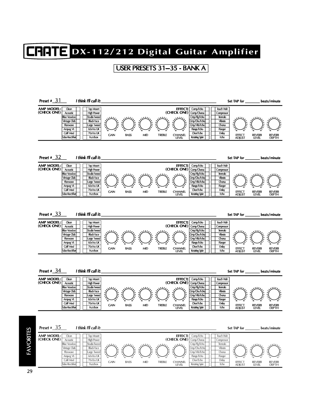 Crate Amplifiers DX-212 manual USER PRESETS 31-35- BANK A, DX-112/212Digital Guitar Amplifier, Favorites, Preset # 