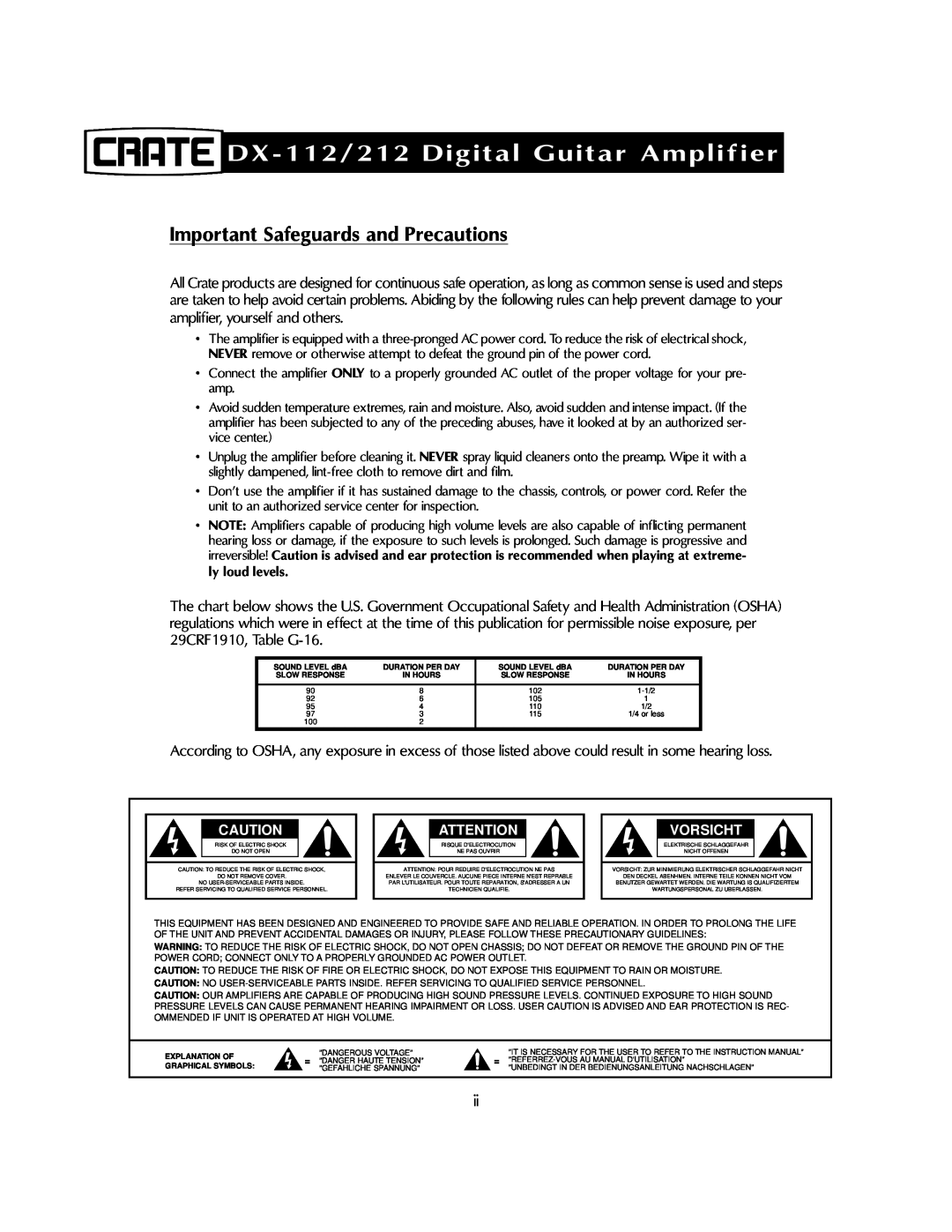 Crate Amplifiers DX-212 manual Important Safeguards and Precautions, DX-112/212Digital Guitar Amplifier, Vorsicht 