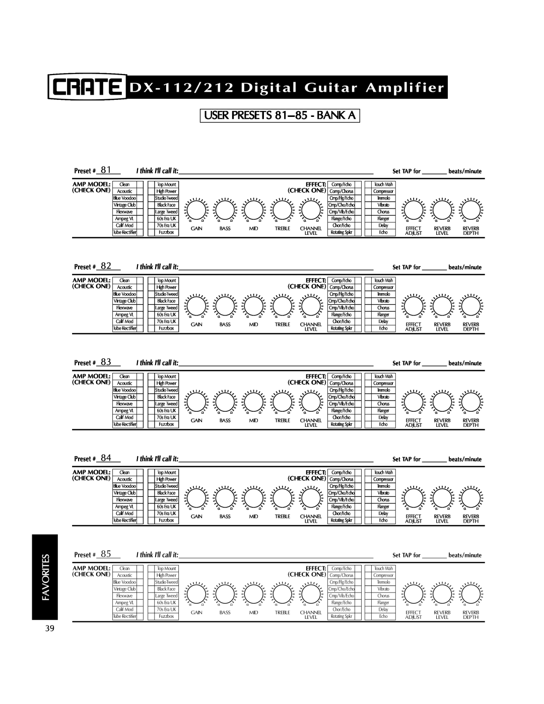 Crate Amplifiers USER PRESETS 81-85- BANK A, DX-112/212Digital Guitar Amplifier, Favorites, Preset #, Effect Check One 