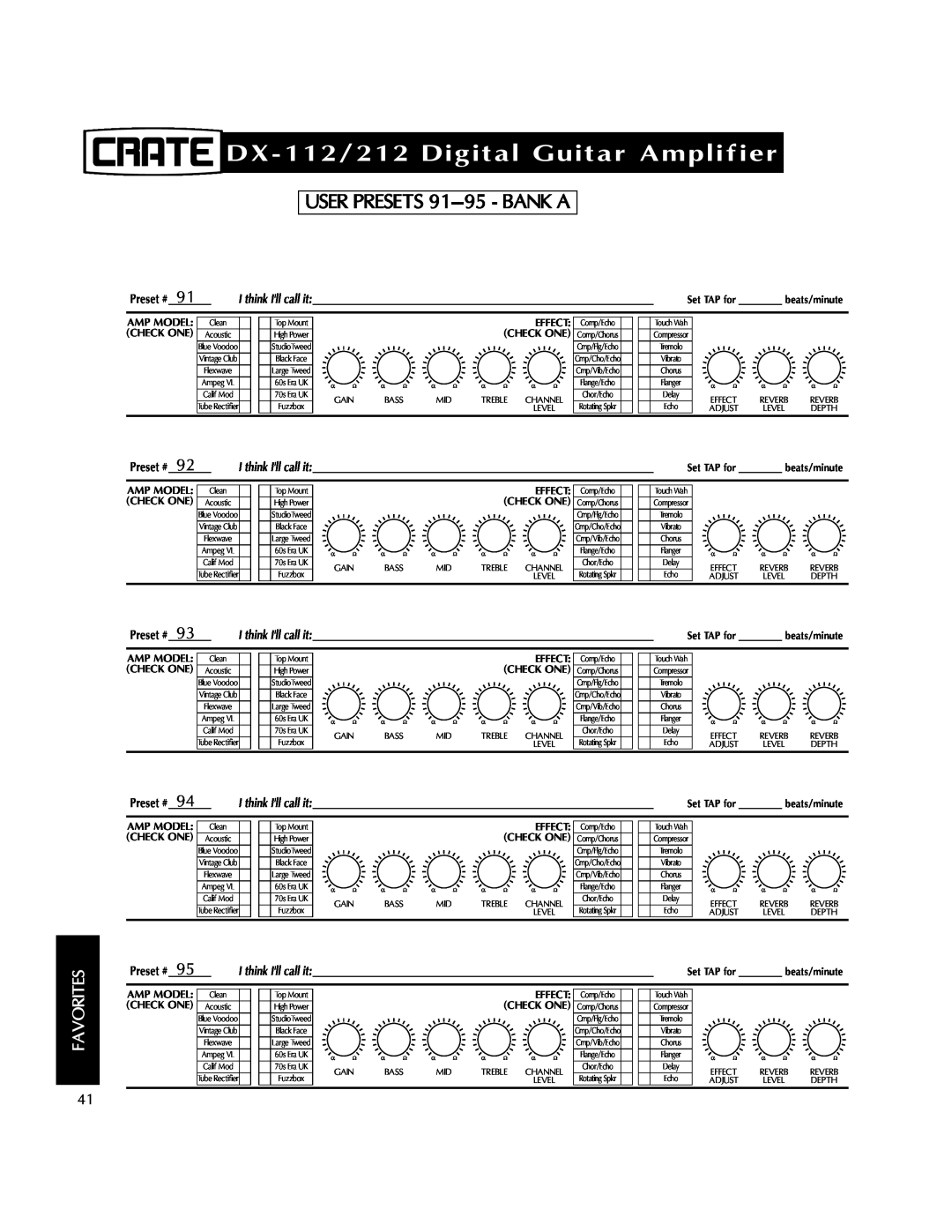 Crate Amplifiers USER PRESETS 91-95- BANK A, DX-112/212Digital Guitar Amplifier, Favorites, Preset #, Effect Check One 