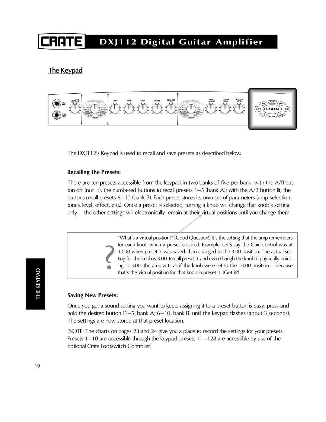 Crate Amplifiers DXJ112 manual Keypad, Recalling the Presets, Saving New Presets 