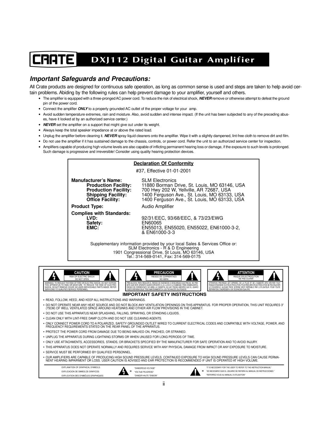 Crate Amplifiers DXJ112 manual Important Safeguards and Precautions 