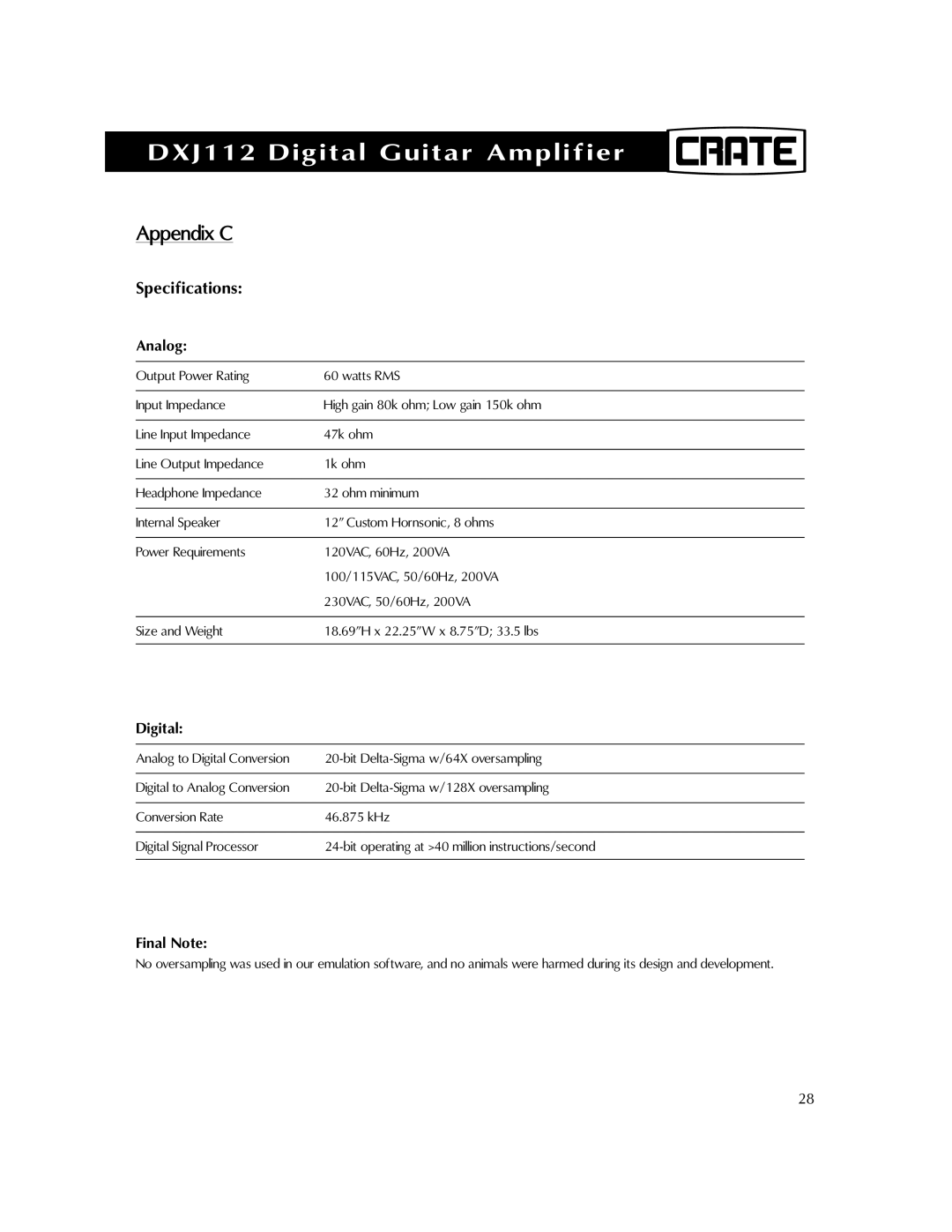 Crate Amplifiers DXJ112 manual Appendix C, Specifications 