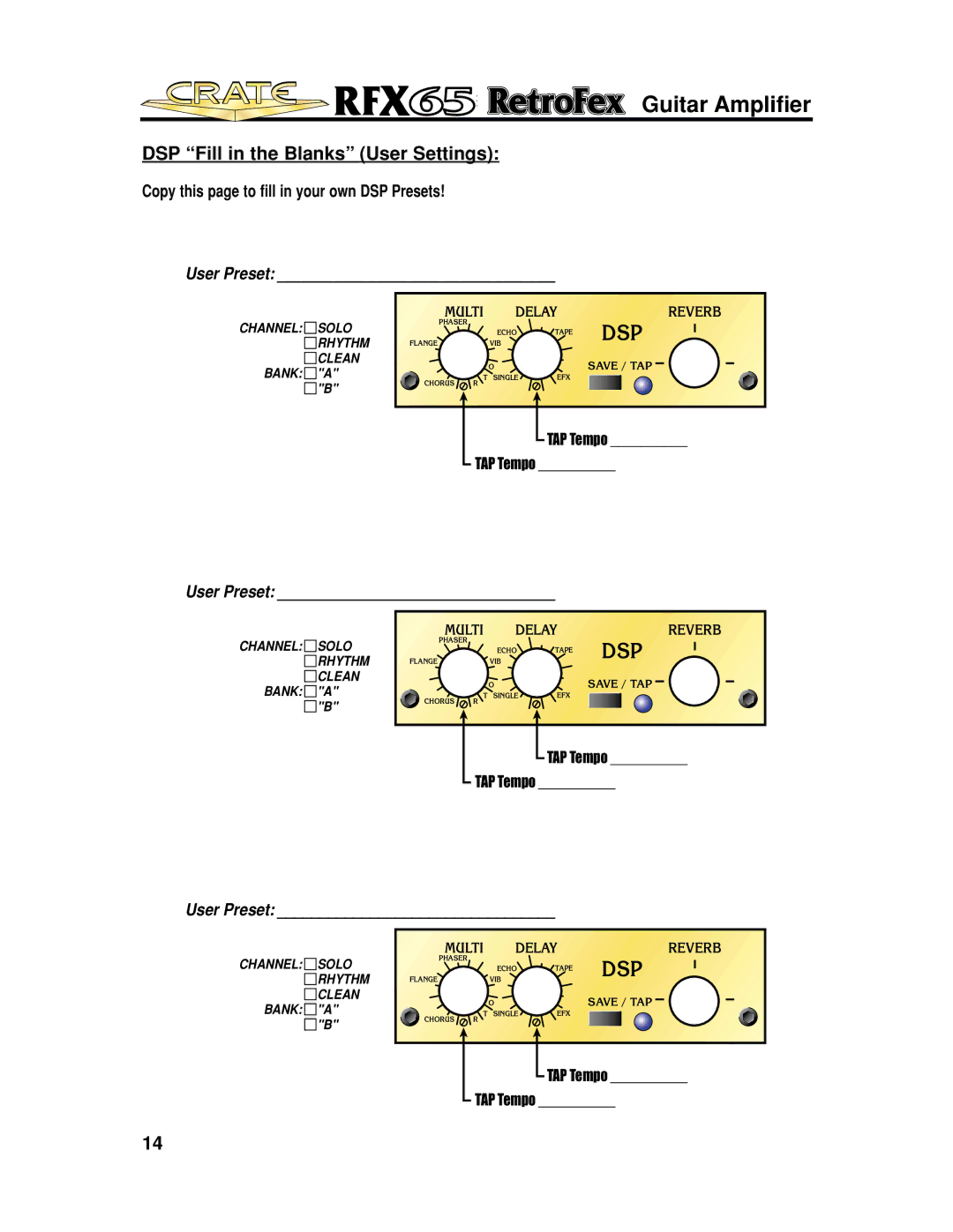 Crate Amplifiers UL60065, EN61000, EN55013, E60065, EN60065, EN55103, UL6500, UL813 manual DSP Fill in the Blanks User Settings 