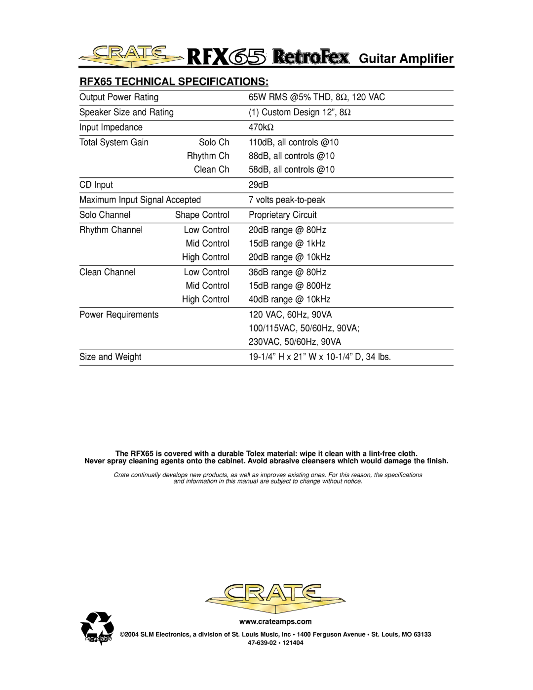 Crate Amplifiers EN61000, EN55013, E60065, EN60065, EN55103, UL6500, UL60065, UL813 manual RFX65 Technical Specifications 