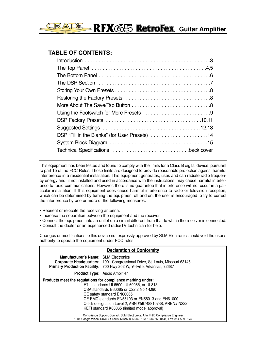 Crate Amplifiers E60065, EN61000, EN55013, EN60065, EN55103, UL6500, UL60065, UL813 manual Guitar Amplifier 