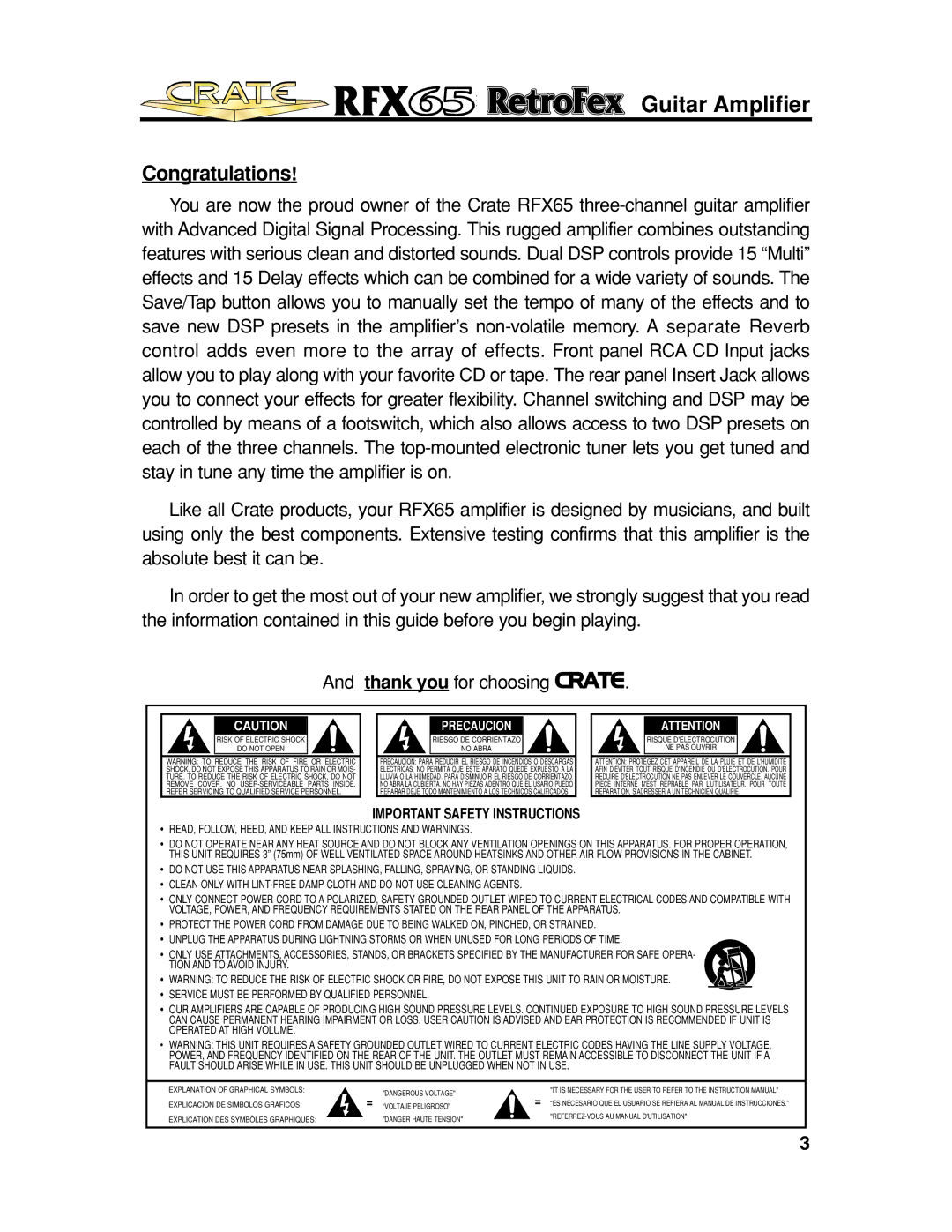 Crate Amplifiers EN60065, EN61000, EN55013, E60065, EN55103, UL6500, UL60065, UL813 manual Congratulations 