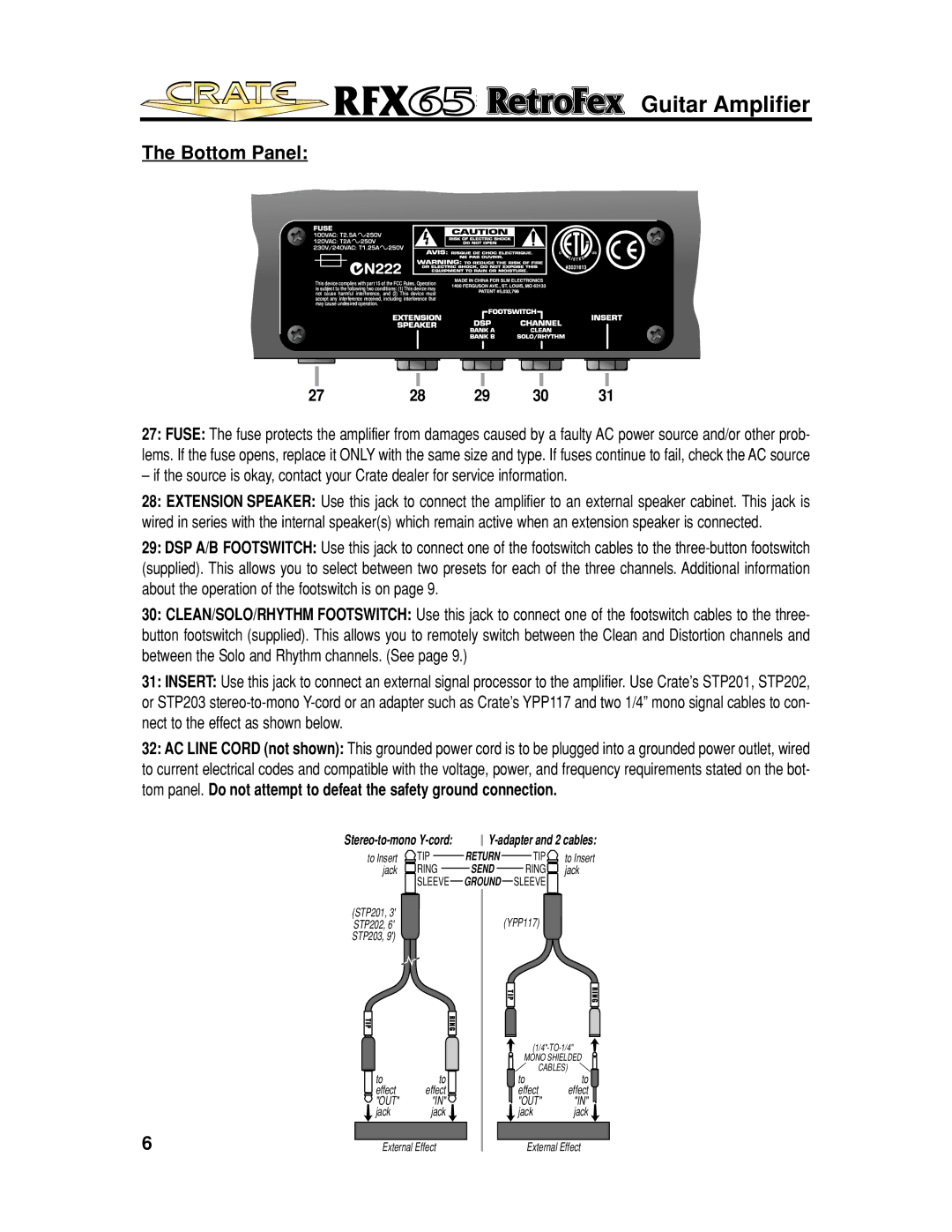 Crate Amplifiers UL60065, EN61000, EN55013, E60065, EN60065, EN55103, UL6500, UL813 manual Bottom Panel, Adapter and 2 cables 