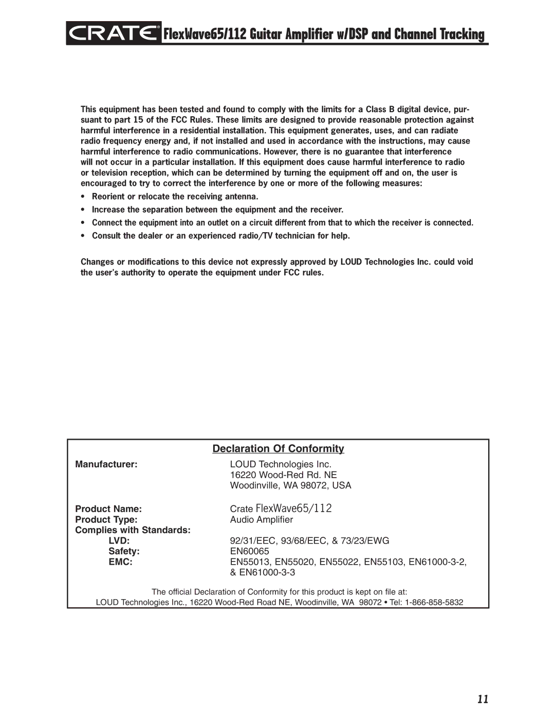 Crate Amplifiers FlexWave 65/112 owner manual Declaration Of Conformity, Crate FlexWave65/112 