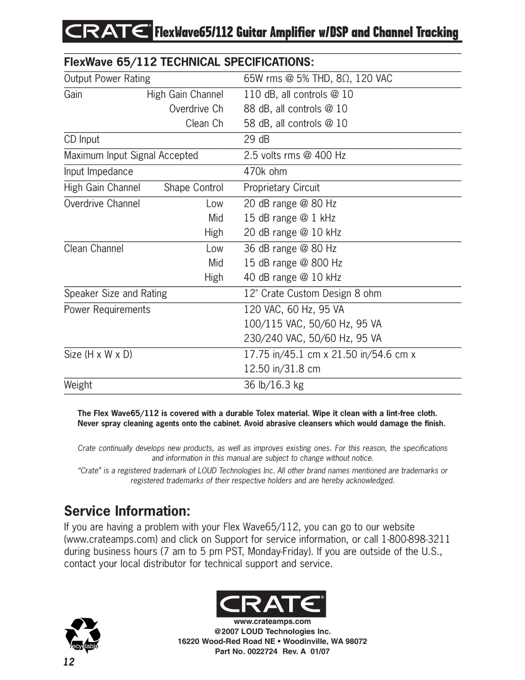 Crate Amplifiers owner manual Service Information, FlexWave 65/112 Technical Specifications 