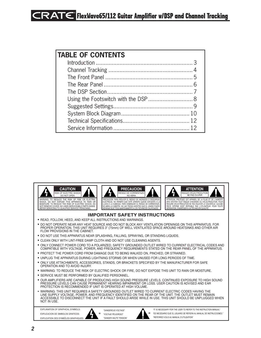 Crate Amplifiers FlexWave 65/112 owner manual Table of Contents 