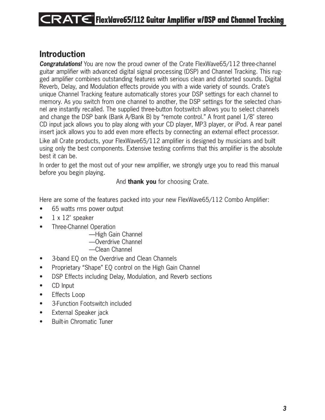 Crate Amplifiers FlexWave 65/112 owner manual Introduction 