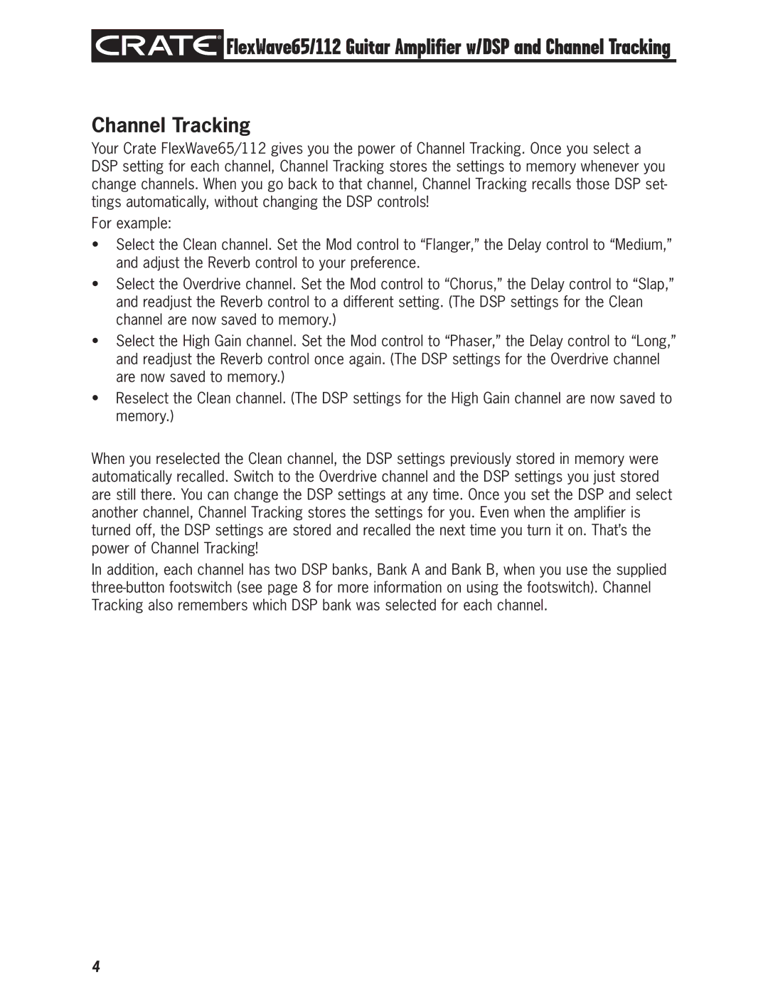 Crate Amplifiers FlexWave 65/112 owner manual Channel Tracking 