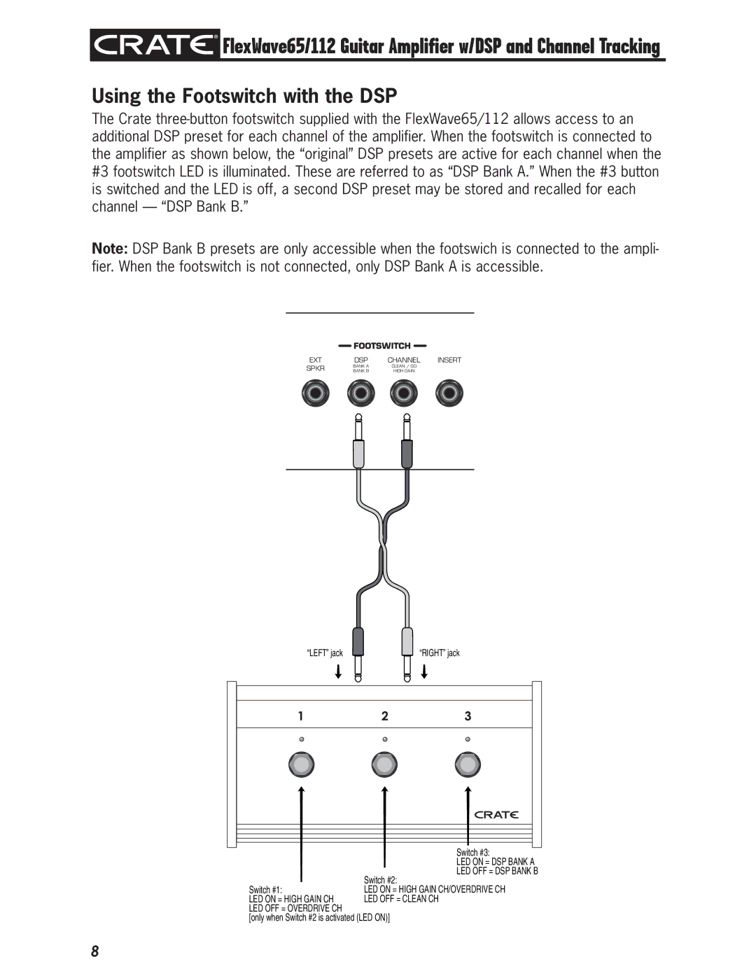 Crate Amplifiers FlexWave 65/112 owner manual Using the Footswitch with the DSP 