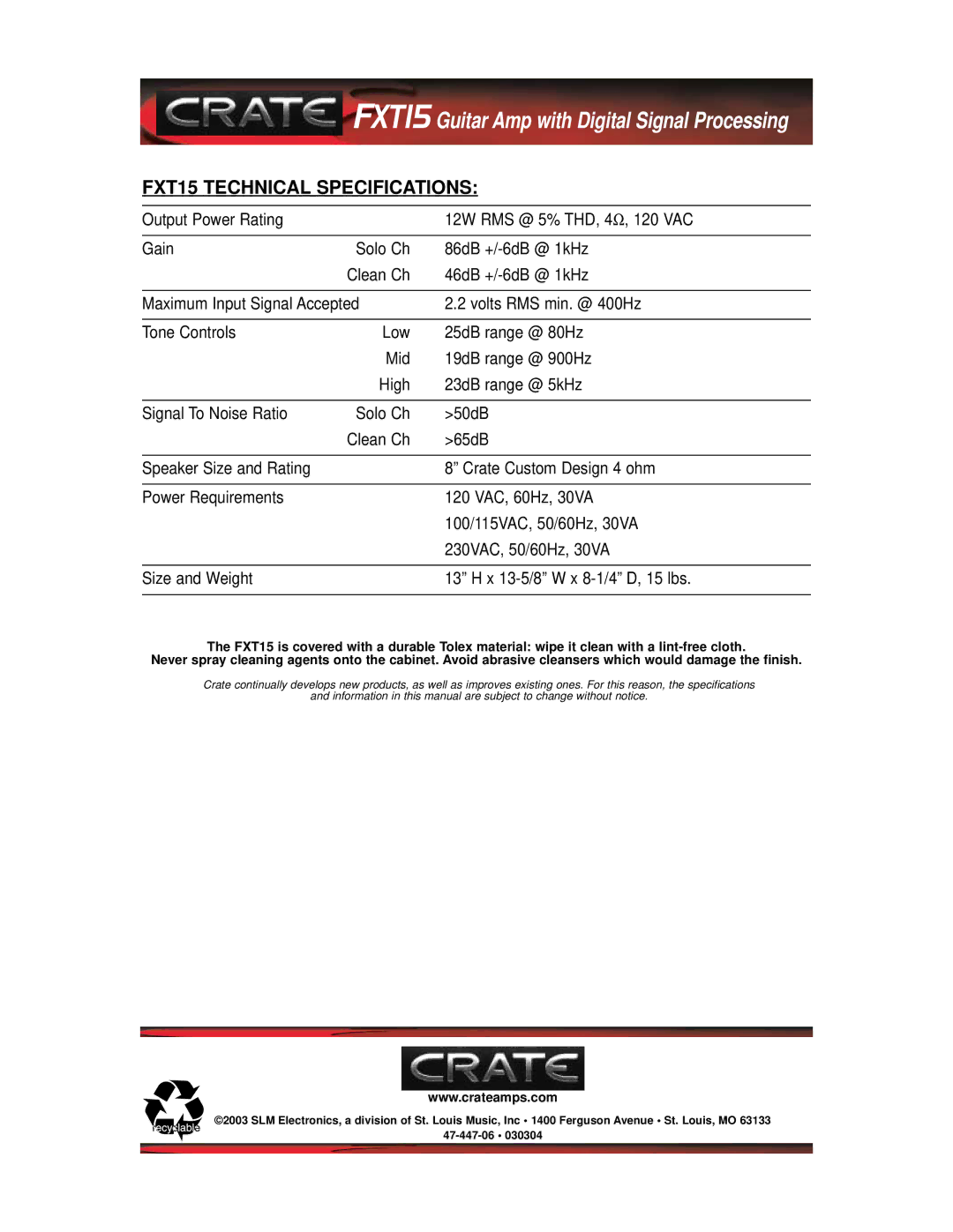 Crate Amplifiers manual FXT15 Technical Specifications 