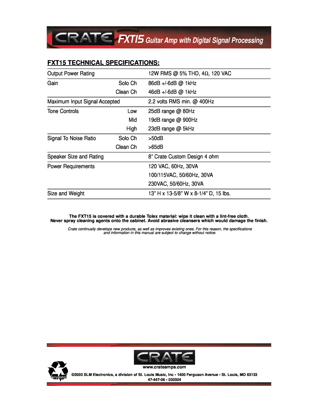 Crate Amplifiers manual FXT15 TECHNICAL SPECIFICATIONS, FXT15 Guitar Amp with Digital Signal Processing 