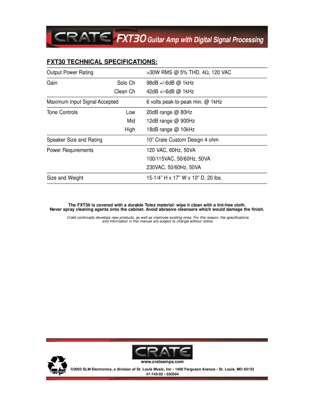 Crate Amplifiers manual FXT30 Technical Specifications 