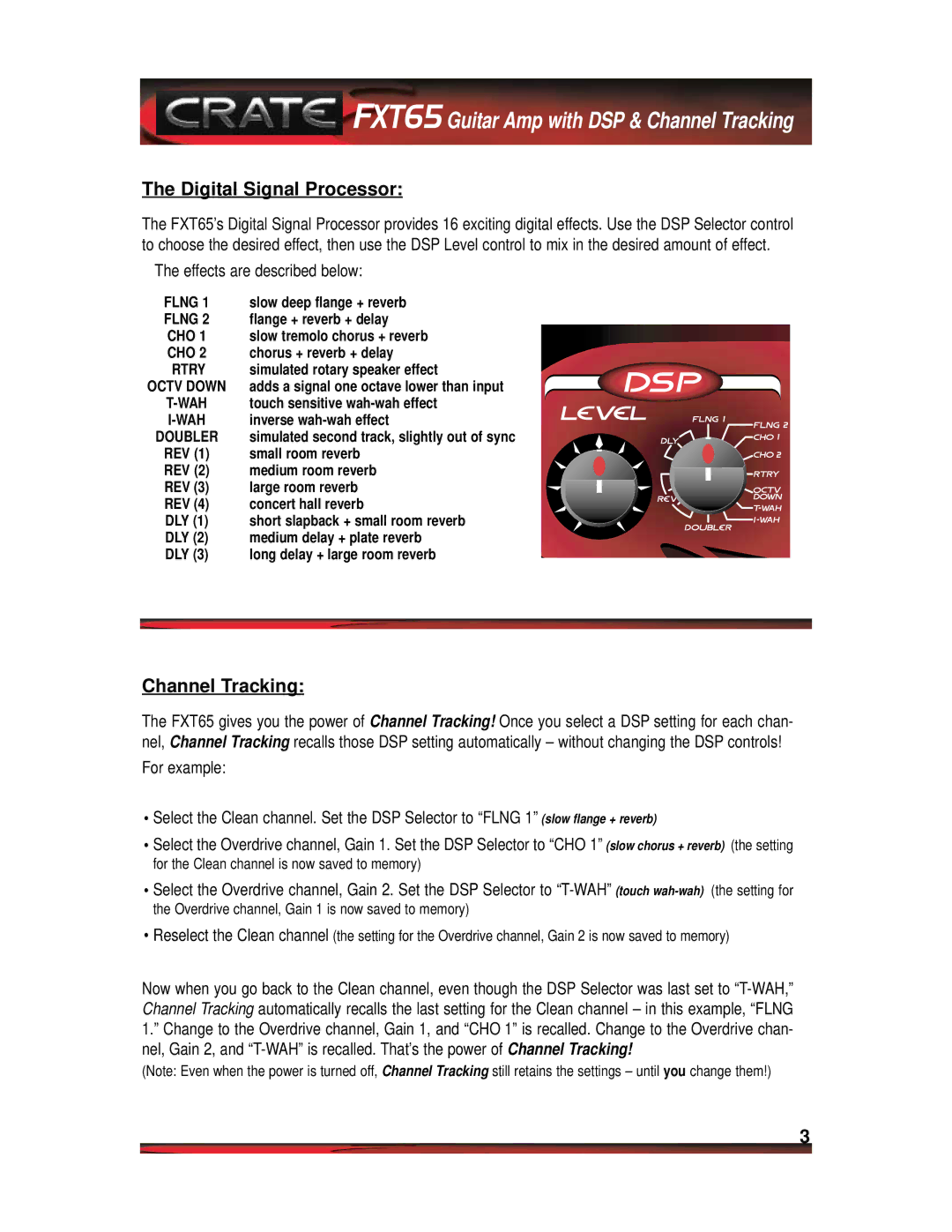 Crate Amplifiers FXT65 manual Digital Signal Processor, Channel Tracking, Effects are described below 