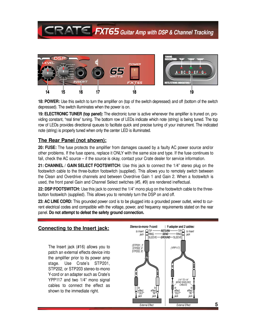 Crate Amplifiers FXT65 manual Rear Panel not shown, Connecting to the Insert jack 