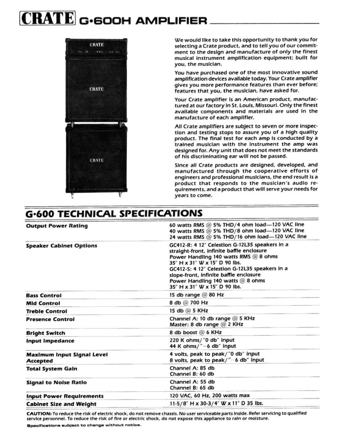 Crate Amplifiers G-600H manual 