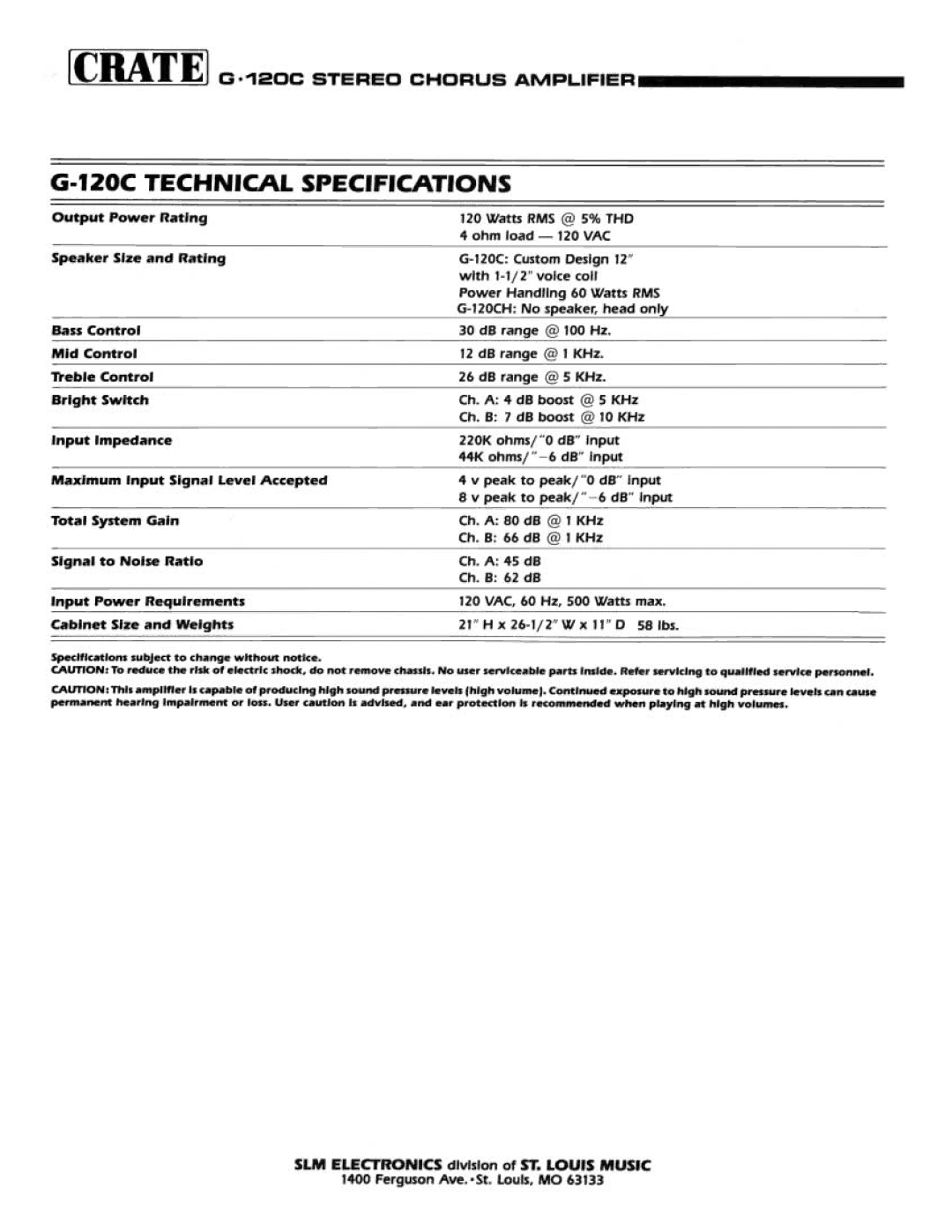 Crate Amplifiers G.120C manual 