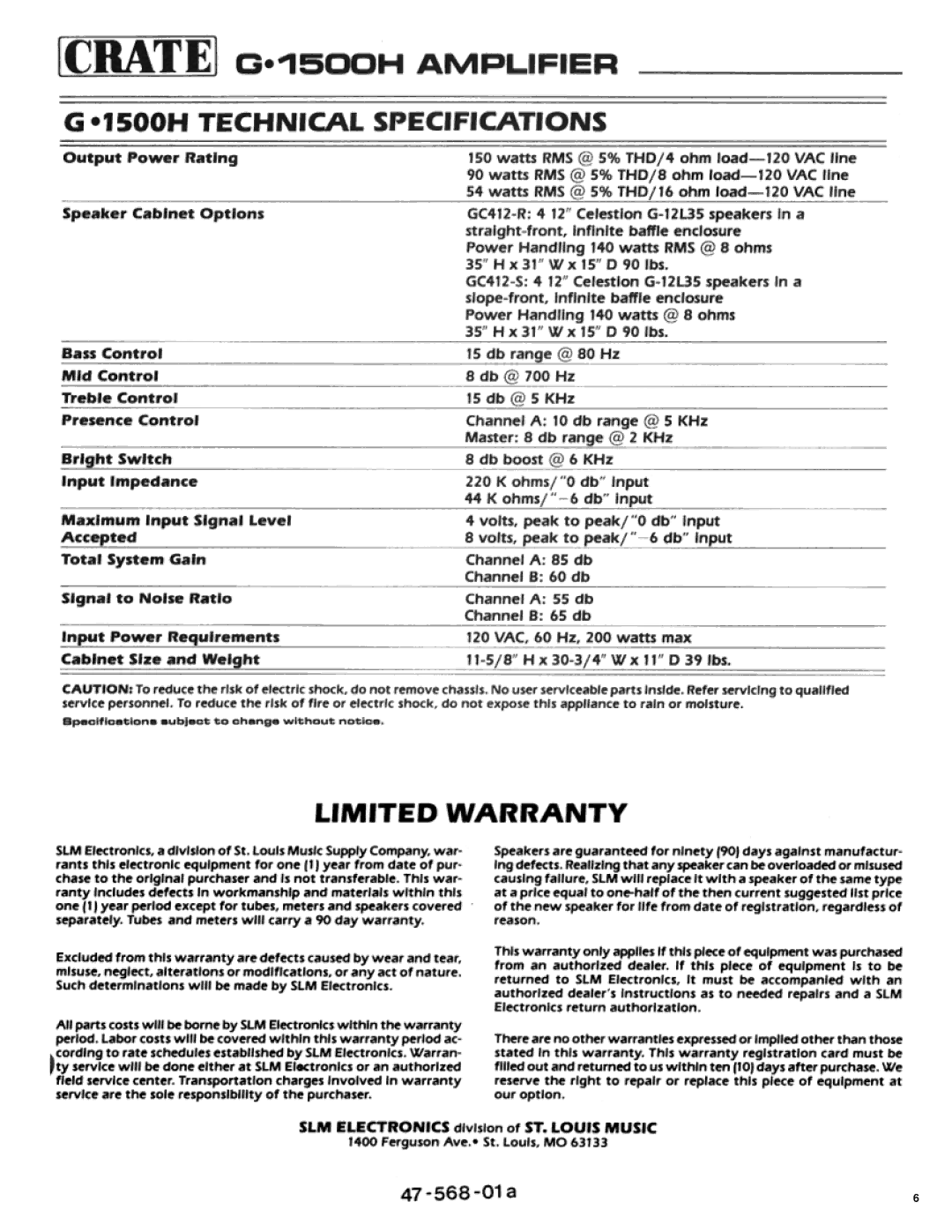 Crate Amplifiers G1500 manual 