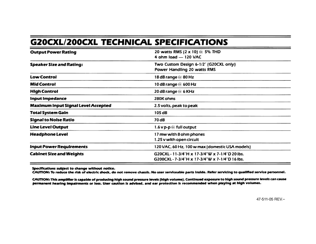 Crate Amplifiers G20CXL, G200CXL manual 