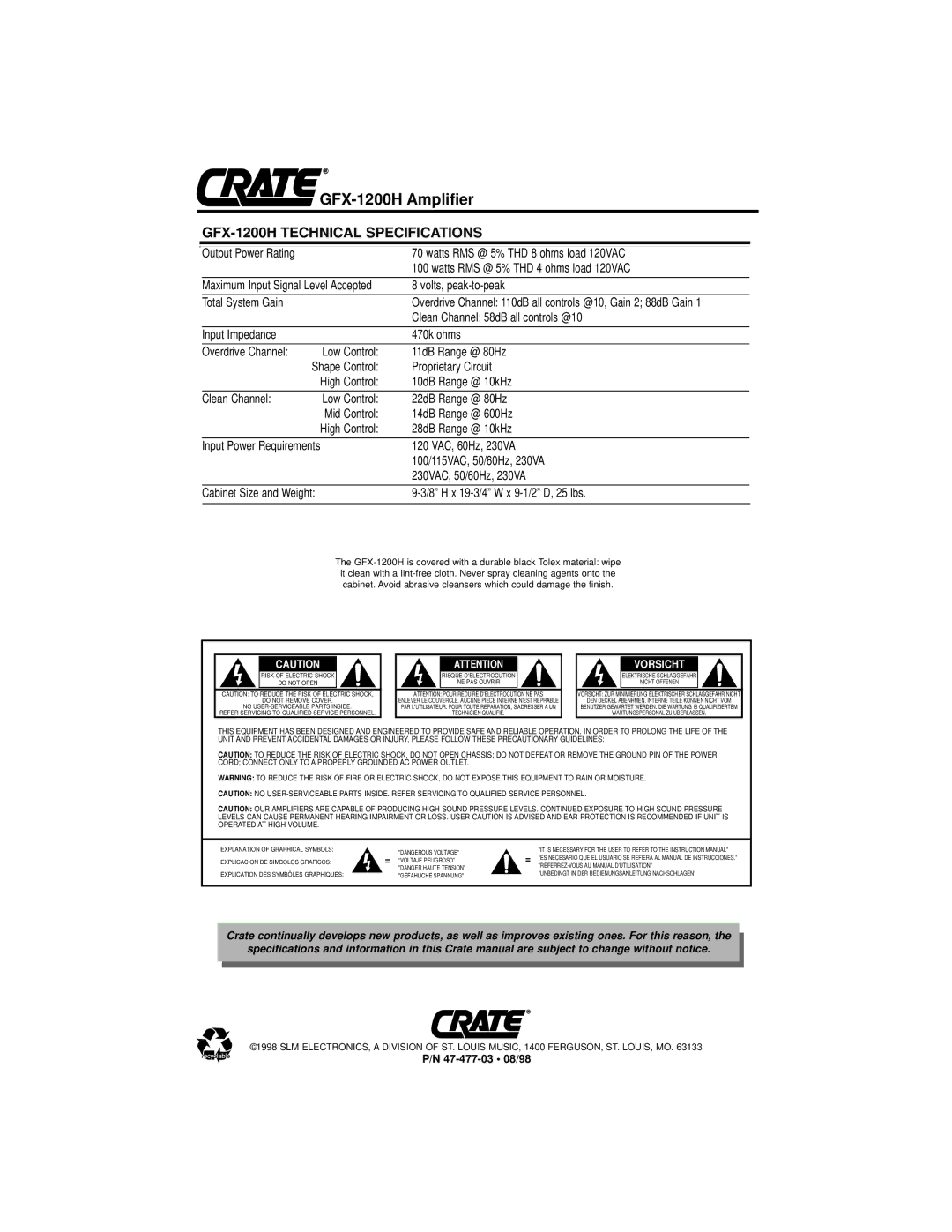 Crate Amplifiers owner manual GFX-1200H Technical Specifications 